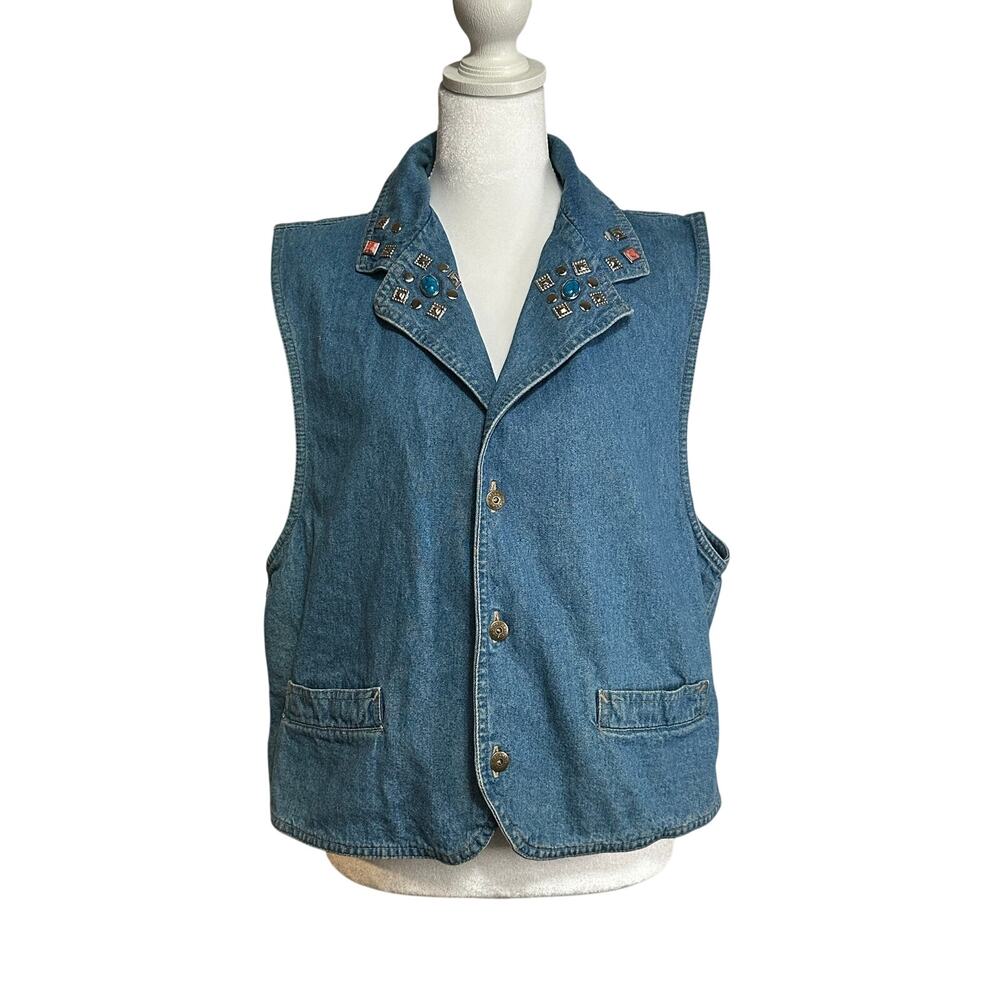 Vintage 90s blue denim vest with turquoise stone embellishments